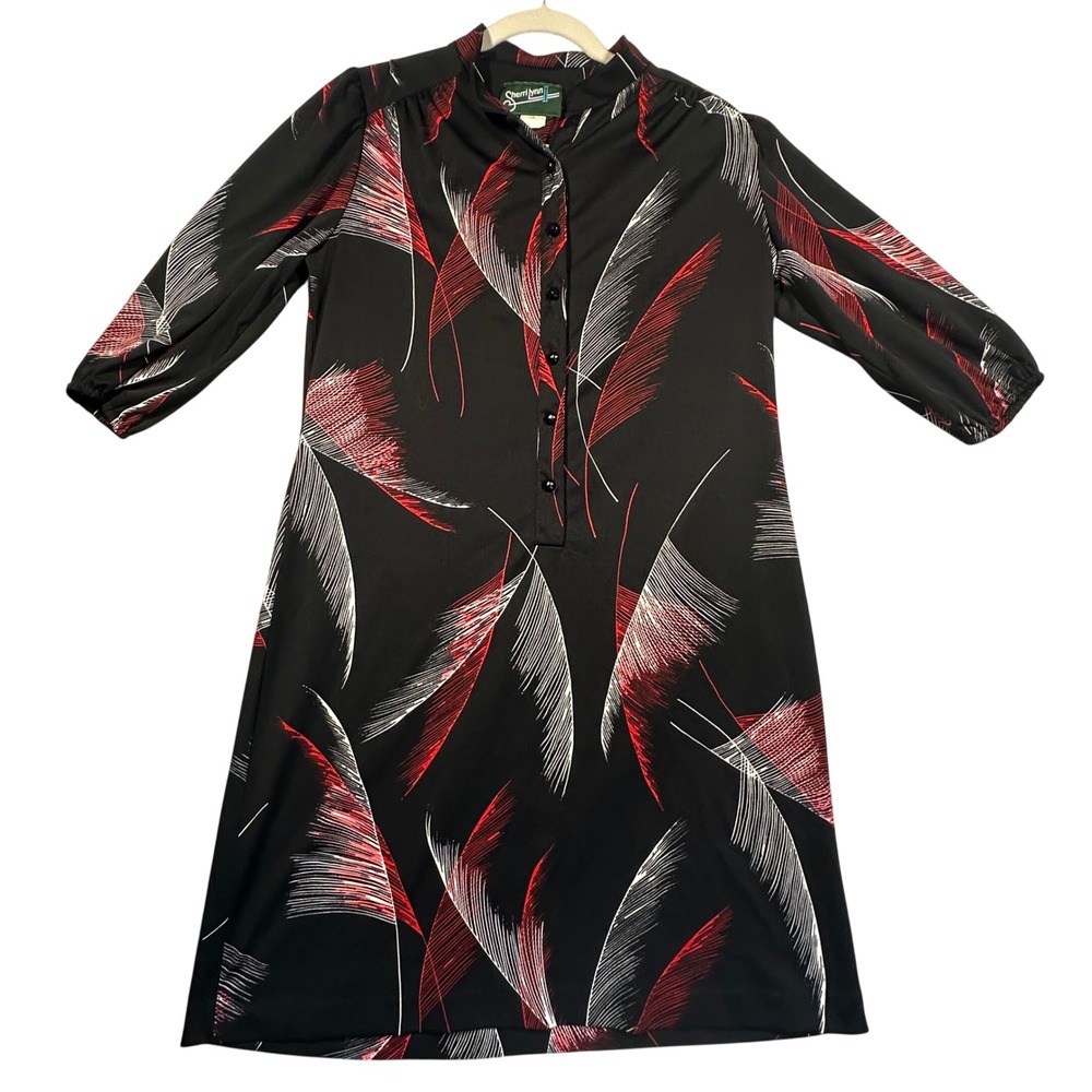 Sherri Lynn Vintage 70s Dress 12 Black Red Feather Print Mod Shift Polyester